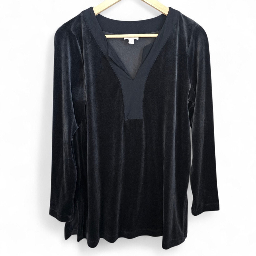J Jill Pure Jill Top Womens Medium Tall Black Velour V Neck Long Sleeve Blouse‎